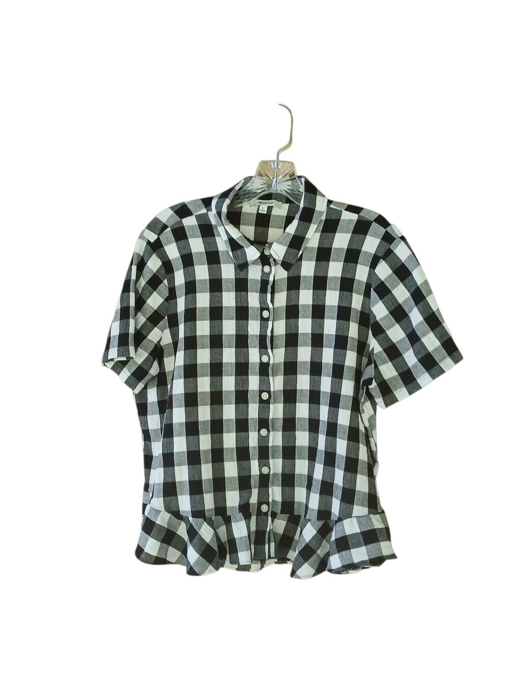 Madewell Black Checked Short Sleeved Ruffle Hem Shirt XL